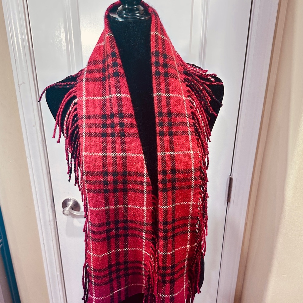 NEW tag Burberry Red Black Plaid Check Happy Fringe Scarf Merino Angora Cashmere - Picture 4 of 11